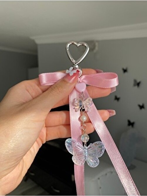 Pinky Lady Pembe Kurdeleli Kelebekli Çanta Charmı görsel 3