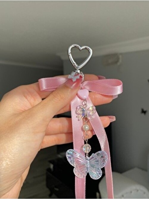 Pinky Lady Pembe Kurdeleli Kelebekli Çanta Charmı görsel 4