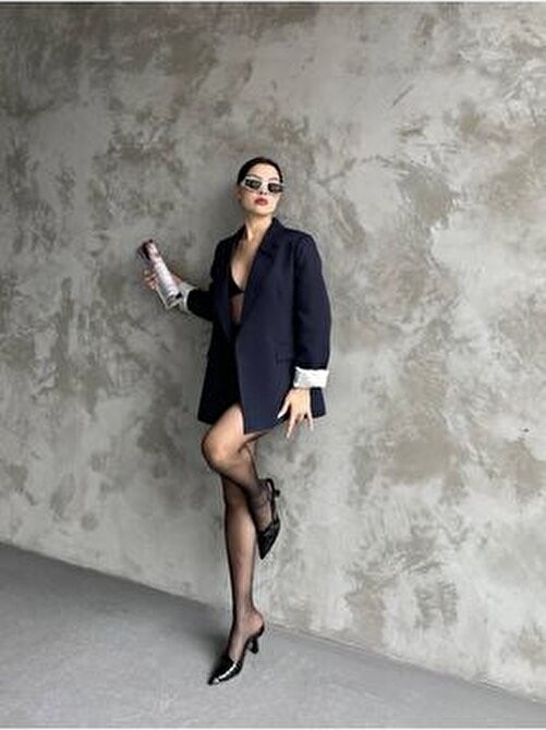 Moda İkra Kadın Lacivert Astarlı Blazer Ceket Kol Içi Çizgili Katlama Detaylı görsel 3