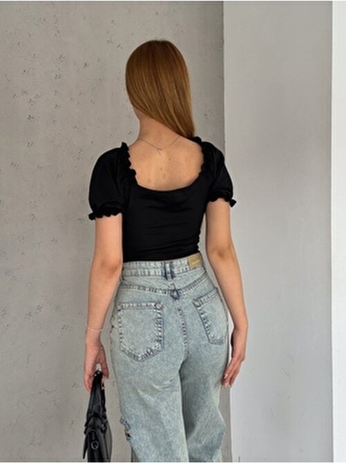Qutta Kadın Siyah Crop Bluz Büzgülü Madonna Yaka Dalgıç Kumaş Straplez Kısa Kol L Beden görsel 3