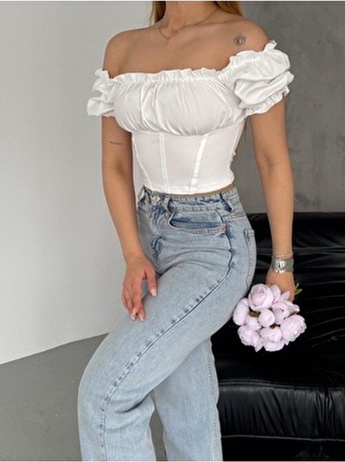 Qutta Kadın Siyah Crop Bluz Büzgülü Madonna Yaka Dalgıç Kumaş Straplez Kısa Kol L Beden görsel 7