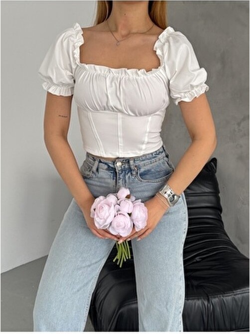 Qutta Kadın Siyah Crop Bluz Büzgülü Madonna Yaka Dalgıç Kumaş Straplez Kısa Kol L Beden görsel 8