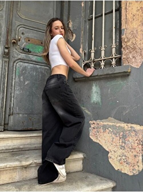 St.Poll Vintage Siyah Yıkamalı Baggy Jean Pamuklu Günlük Tarz XL Beden Kadın Kullanıma Uygun görsel 2