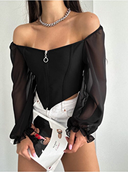 Qutta Kadın Siyah Crop Bluz Uzun Kol Şifonlu Fermuarlı Kare Yaka Polyester - Pamuk görsel 4