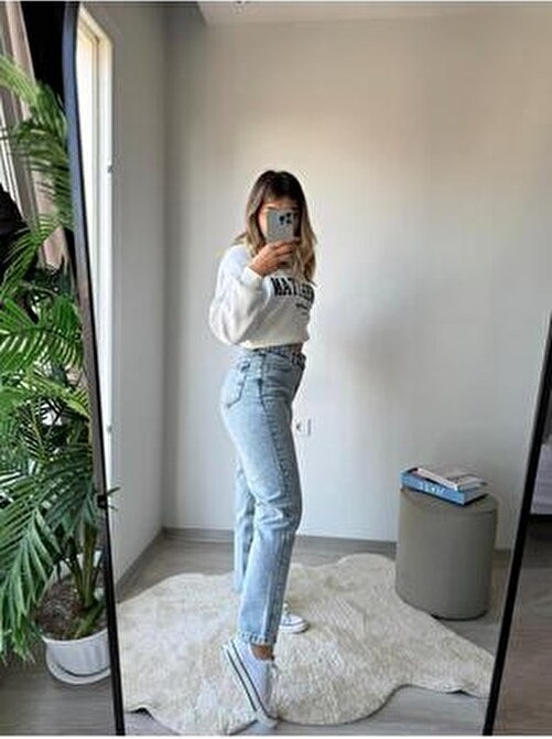 Belirtilmemiş Kadın Mavi Mom Jeans Yüksek Bel Kot Pantolon Pamuk-Elastan 5 Cep Düz Desen ile Şık görsel 2