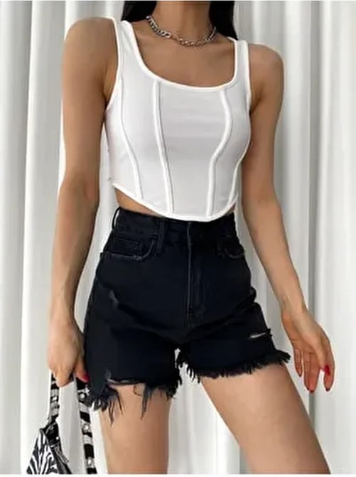 Qutta Beyaz Korse Görünümlü Fitilli Kadın Crop Bluz Kare Yaka Polyester Pamuk