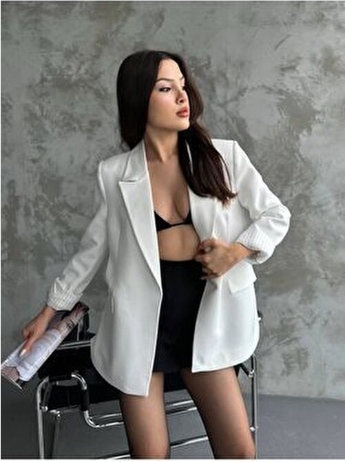 Moda İkra Kadın Lacivert Astarlı Blazer Ceket Kol Içi Çizgili Katlama Detaylı görsel 6