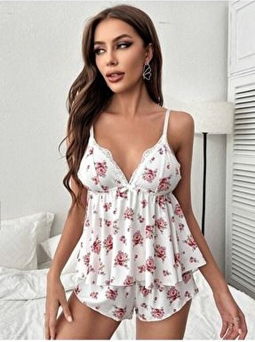 Bella Notte Çiçek Desenli Dantel Detaylı Pijama Takımı 2 Parça Beyaz Renk görsel 3