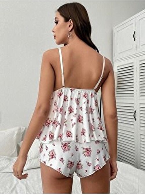 Bella Notte Çiçek Desenli Dantel Detaylı Pijama Takımı 2 Parça Beyaz Renk görsel 4