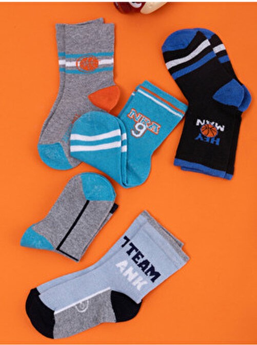 Hobins Sportswear & Company Basket'ci Desenli Bebek ve Çocuk Çorabı 5'li Çok Renkli Örme Soket Çoraplar görsel 6