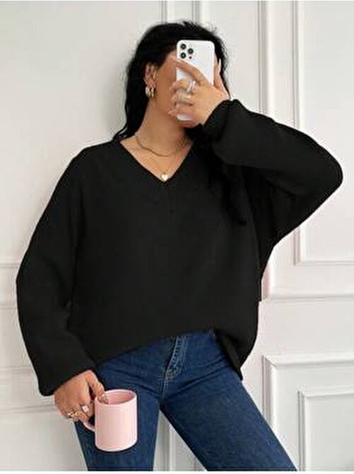 Efendix Büyük Beden Kadın Triko Kazak Efendix V Yaka Kırmızı Renk Düz Desen Casual Stil