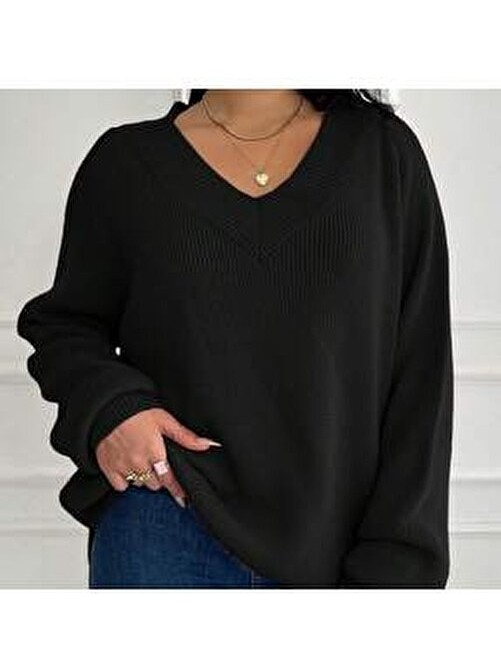Efendix Büyük Beden Kadın Triko Kazak Efendix V Yaka Kırmızı Renk Düz Desen Casual Stil görsel 4