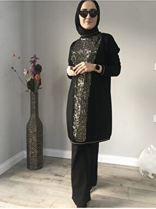 Aysun Aydemir Gold Detaylı Siyah Pamuklu Eşofman Takımı Düz Desenli Uzun Kol Kadın görsel 2