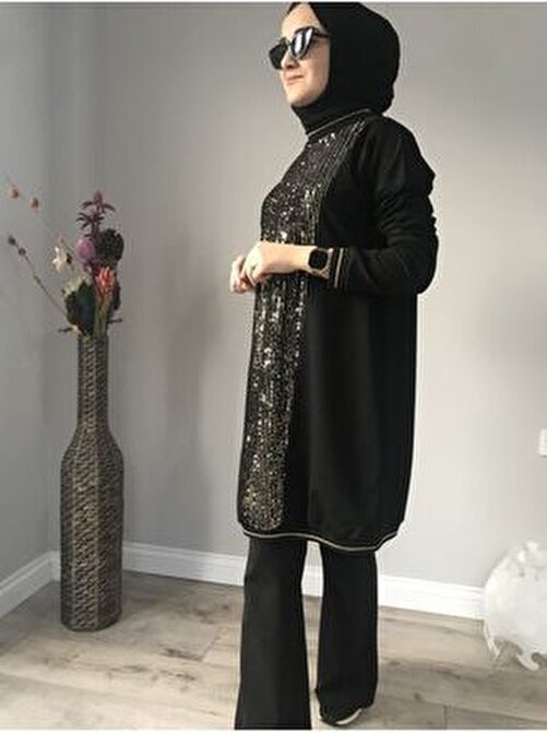 Aysun Aydemir Gold Detaylı Siyah Pamuklu Eşofman Takımı Düz Desenli Uzun Kol Kadın görsel 4