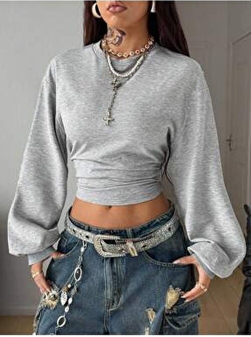 Tarz Cool Kadın Lacivert Bisiklet Yaka Belden Oturtmalı Tasarım Sweatshirt görsel 7