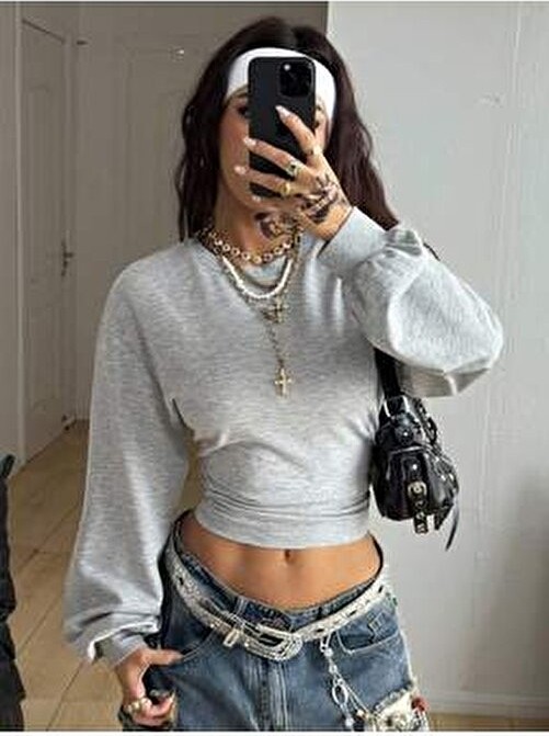 Tarz Cool Kadın Lacivert Bisiklet Yaka Belden Oturtmalı Tasarım Sweatshirt görsel 8