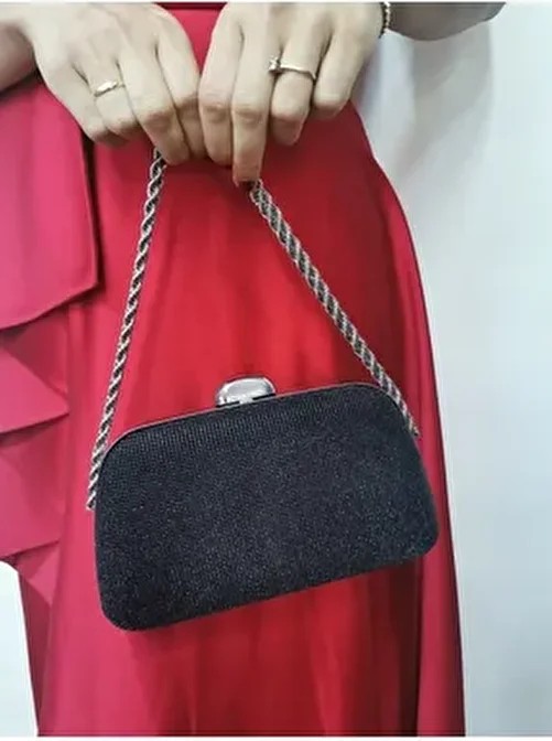 Nazart Kadın Big Taşlı Siyah Abiye Clutch Portföy Zincir Askılı El Düğün Nişan Gece Omuz Çantası görsel 2