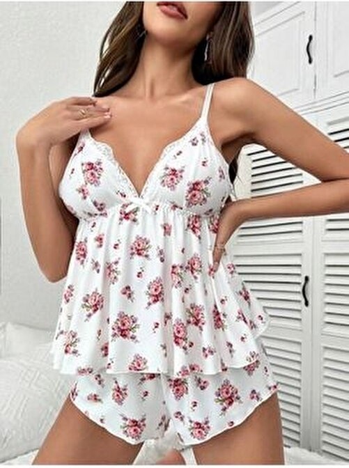 Bella Notte Çiçek Desenli Dantel Detaylı Pijama Takımı 2 Parça Beyaz Renk görsel 2