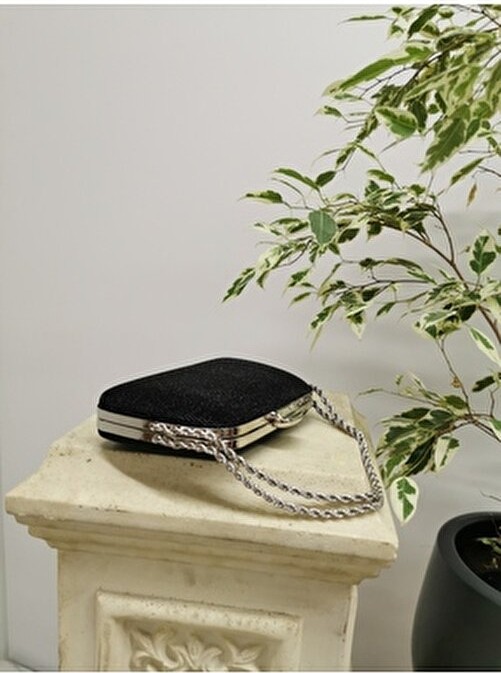 Nazart Kadın Big Taşlı Siyah Abiye Clutch Portföy Zincir Askılı El Düğün Nişan Gece Omuz Çantası görsel 6
