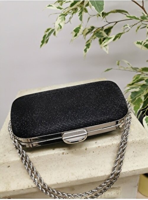 Nazart Kadın Big Taşlı Siyah Abiye Clutch Portföy Zincir Askılı El Düğün Nişan Gece Omuz Çantası görsel 7
