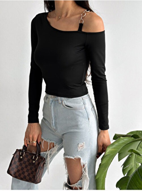 Qutta Kadın Siyah Tek Omuz Halkalı Uzun Kol Crop Bluz Polyester - Pamuk Dalgıç Kumaş görsel 2