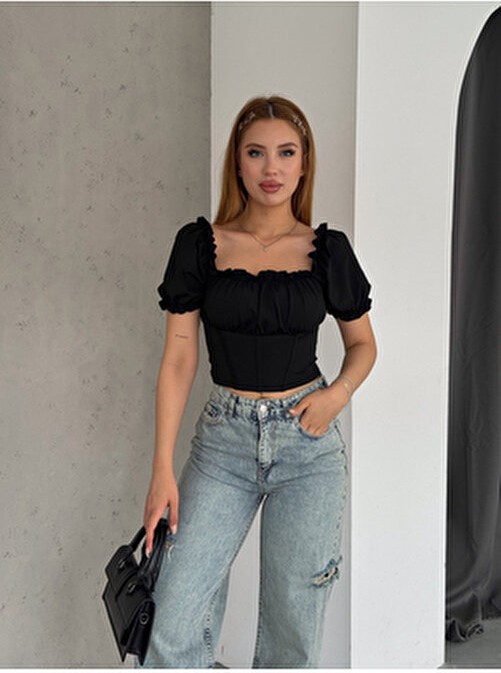 Qutta Kadın Siyah Crop Bluz Büzgülü Madonna Yaka Dalgıç Kumaş Straplez Kısa Kol L Beden görsel 4