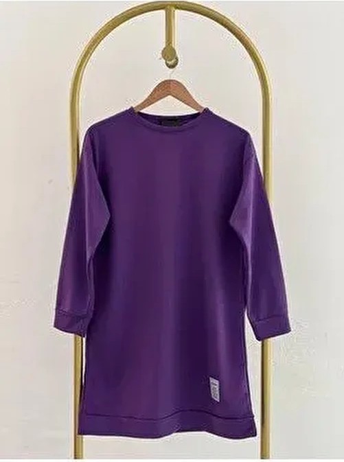 Kadın Bisiklet Yaka Mevsimlik Tesettür Yırtmaçlı Armalı Tunik Sweat Sweatshirt görsel 3
