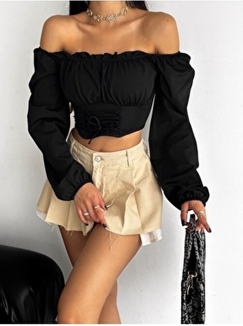 Qutta Kadın Siyah Balon Kol Bağlamalı Korse Görünümlü Madonna Yaka Dalgıç Kumaş Crop Bluz görsel 8