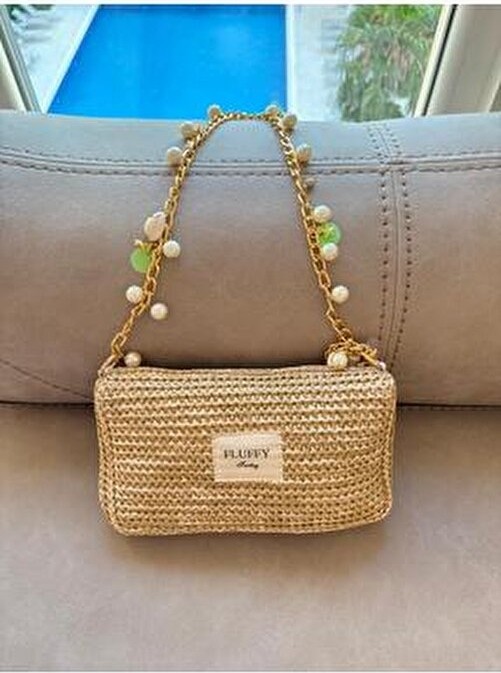 Mute Bag Charm Zincirli Inci Hasır Çanta/ Gold Askılı Kadın El ve Omuz Çantası (25X15) görsel 8