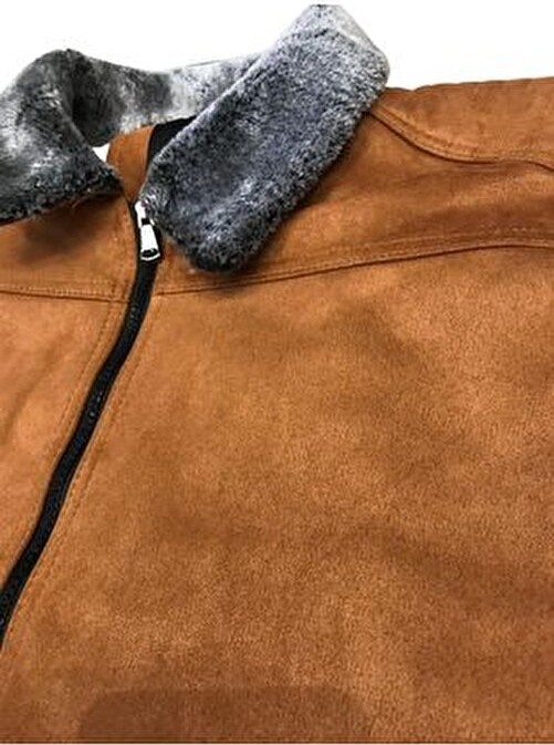 Blues Moda Kürklü Yaka Trend Dışı Süet Içi Peluş Mont Ceket görsel 4