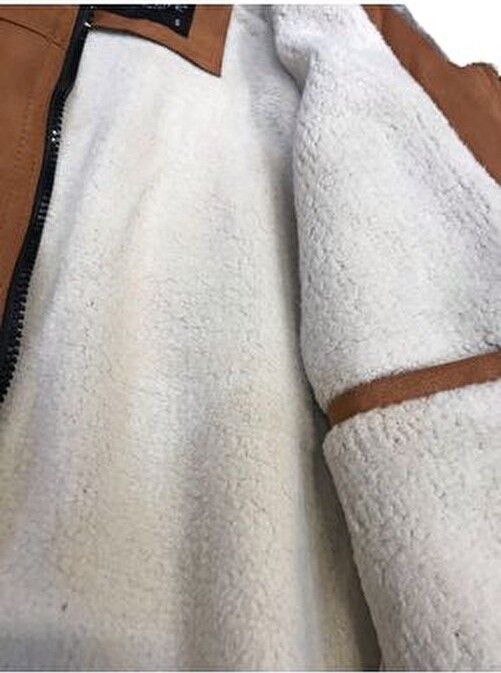 Blues Moda Kürklü Yaka Trend Dışı Süet Içi Peluş Mont Ceket görsel 7