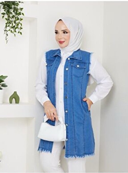 Kadın Tesettür Cepli Şık Rahat Yumuşak Kot Yelek görsel 6