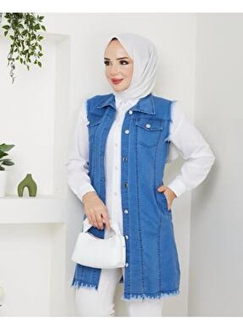 Kadın Tesettür Cepli Şık Rahat Yumuşak Kot Yelek görsel 8