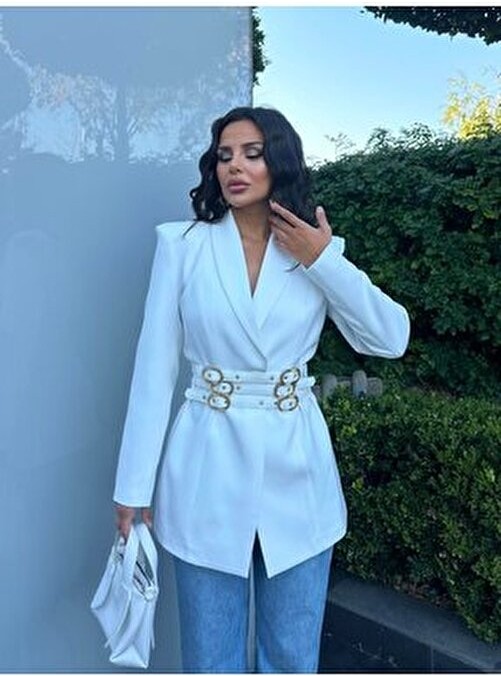 Belirtilmemiş Kadın Düz Desenli Kemer Detaylı Blazer Ceket Uzun Kol Regular Kalıp Casual Stil görsel 2