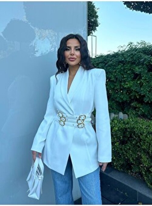 Belirtilmemiş Kadın Düz Desenli Kemer Detaylı Blazer Ceket Uzun Kol Regular Kalıp Casual Stil görsel 3