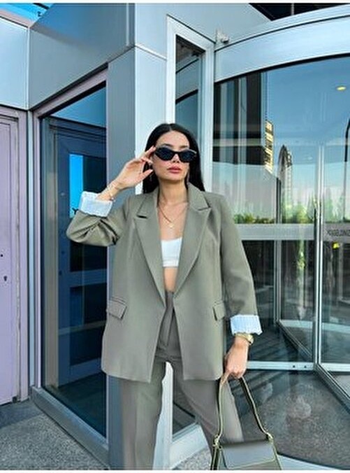 Kadın Perry Blazer Ceket Uzun Kollu Kolu Katlamalı Resmi Stil Midi Dokuma Kumaş görsel 2