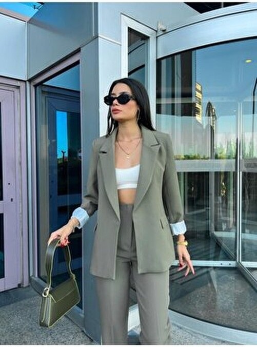 Kadın Perry Blazer Ceket Uzun Kollu Kolu Katlamalı Resmi Stil Midi Dokuma Kumaş görsel 3