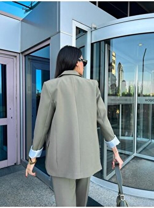 Kadın Perry Blazer Ceket Uzun Kollu Kolu Katlamalı Resmi Stil Midi Dokuma Kumaş görsel 4
