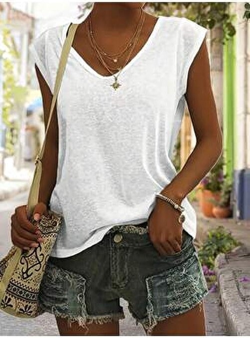 Mercoledi Kadın 3 Renk V Yaka Kolsuz Oversize Salas Boyfriend T-Shirt Set görsel 3