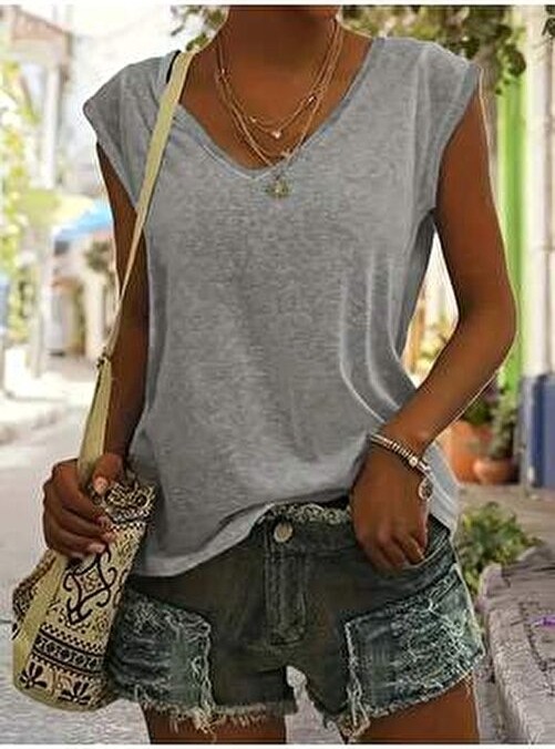 Mercoledi Kadın 3 Renk V Yaka Kolsuz Oversize Salas Boyfriend T-Shirt Set görsel 4