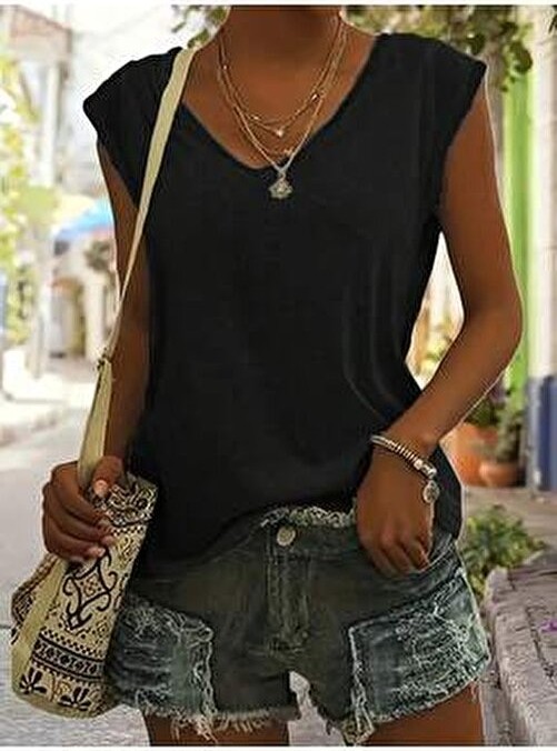 Mercoledi Kadın 3 Renk V Yaka Kolsuz Oversize Salas Boyfriend T-Shirt Set görsel 5
