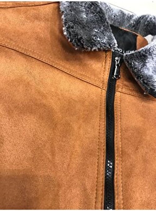 Blues Moda Kürklü Yaka Trend Dışı Süet Içi Peluş Mont Ceket görsel 3