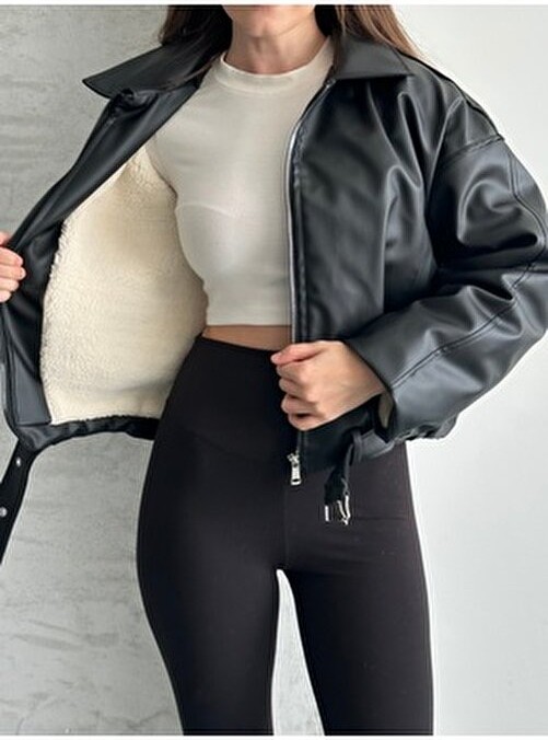 Vess Moda Içi Peluş Detaylı Kemerli Deri Ceket Içi Krem Peluş