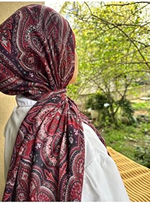 Shalby Kadın Bordo Pamuksu Soft Etnik Desenli Şal 70 x 185 cm Şık ve Rahat Kullanım görsel 2