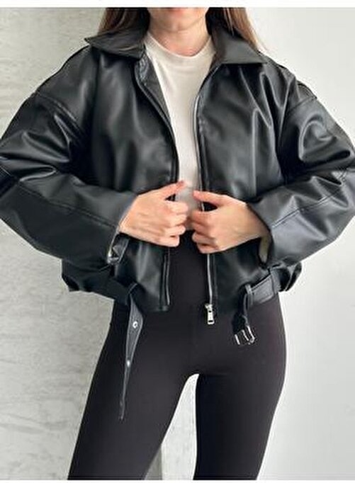 Vess Moda Içi Peluş Detaylı Kemerli Deri Ceket Içi Krem Peluş görsel 2