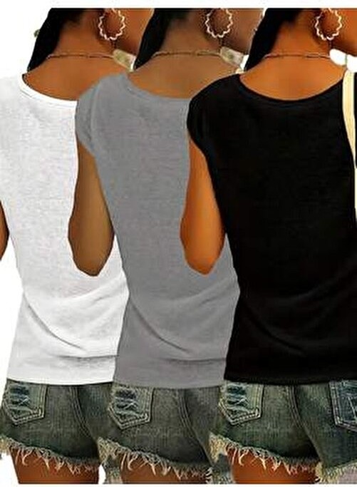 Mercoledi Kadın 3 Renk V Yaka Kolsuz Oversize Salas Boyfriend T-Shirt Set görsel 2