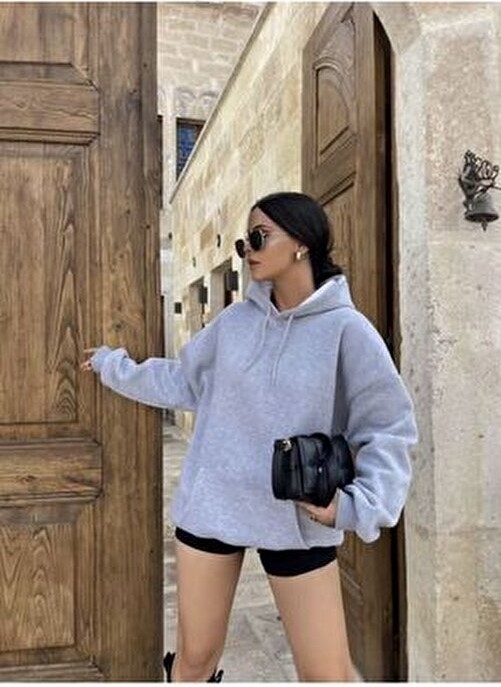 Blackjack Giyim Gri Melanj Sweatshirt Kapüşonlu Slim Fit Tasarım Sürdürülebilir Kumaş Kış Sezon Ürün görsel 2