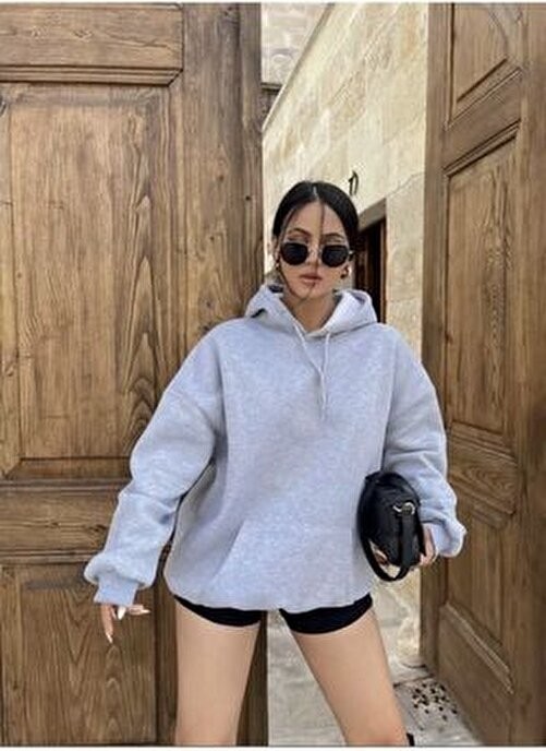 Blackjack Giyim Gri Melanj Sweatshirt Kapüşonlu Slim Fit Tasarım Sürdürülebilir Kumaş Kış Sezon Ürün