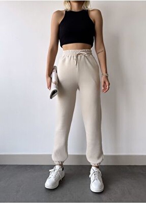 Schlank Kadın Bej Kışlık Kalın Içi Polarlı Yüksek Bel Paçası Lastikli Basic Jogger Eşofman Altı görsel 5
