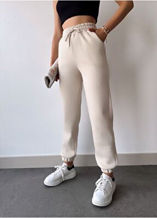 Schlank Kadın Bej Kışlık Kalın Içi Polarlı Yüksek Bel Paçası Lastikli Basic Jogger Eşofman Altı görsel 3